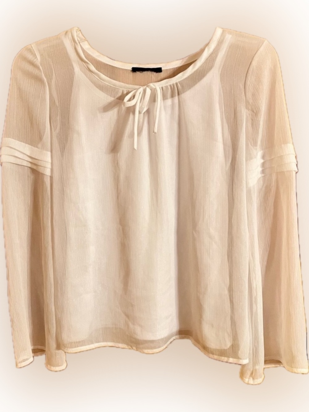 White Flowy Blouse Iridescent Sheer Bow Tie Lace Lined Boho Coastal S Small XS